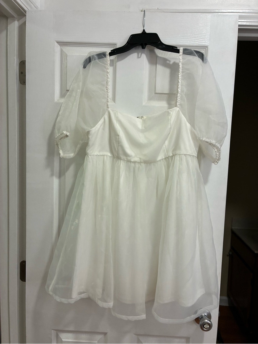 TCEC White Mini Dress with Sheer Puff Sleeves Babydoll style lined bodice Sz L